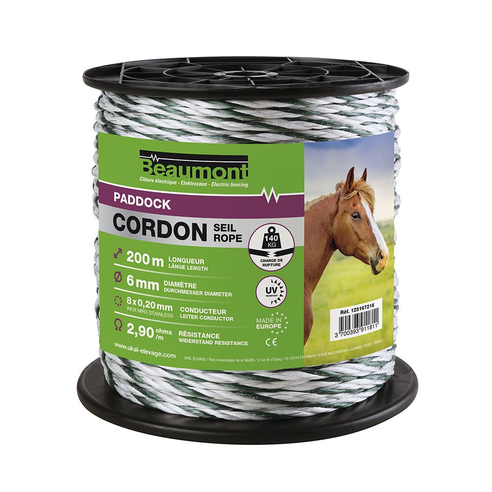 Cordon torsadé blanc et vert diamètre 6 mm 200 m PADDOCK